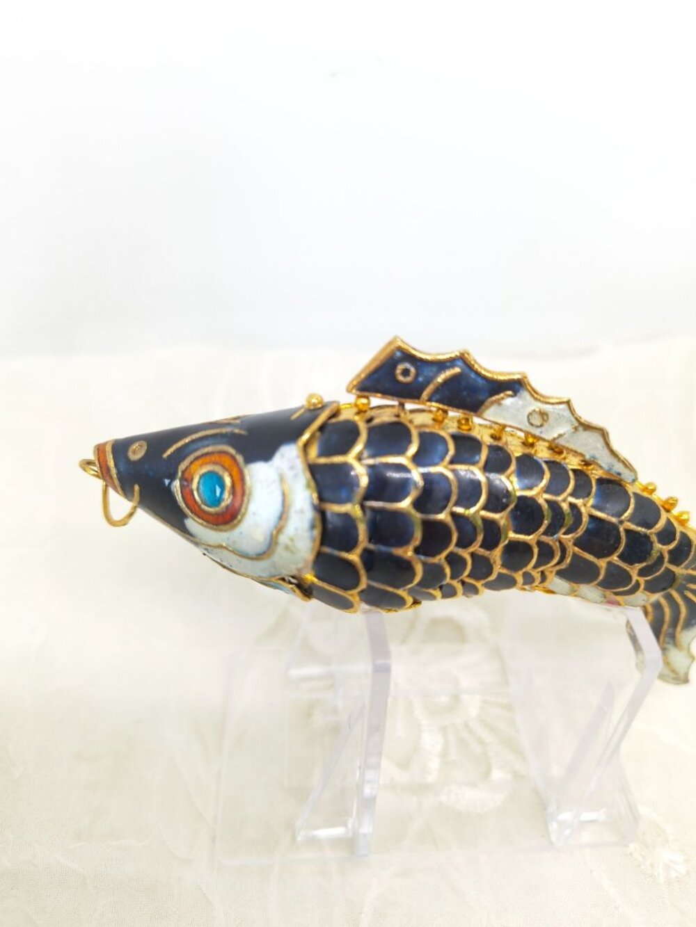 VTG Chinese Gilt Silver & Cloisonne Deep Blue Enamel Fish/Koi Pendant 4.5" LRG - Picture 3 of 11